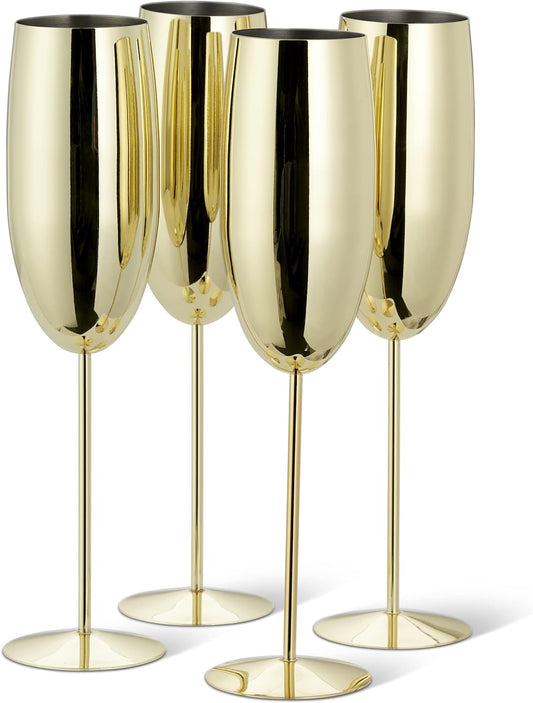 Oak & Steel - 4 Eleganti Calici da Champagne, 285 ml. In Acciaio Inossidabile Dorato - Ideale al Chiuso o All'aperto in Giardino, in Spiaggia, a Picnic, Barbecue, Campeggio e Gite in Barca