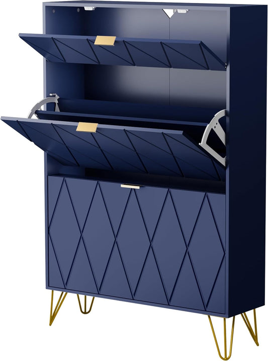 UEV Scarpiera Salvaspazio Slim in Legno Ingegnerizzato, Scarpiera Ingresso da Portascarpe con 3 Ante a Ribalta, Porta Scarpe per 16 Paia, 80 x 24 x 120 cm, Blu