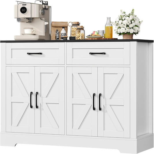 HOCSOK Credenza Cucina, Mobile Dispensa con 4 Ante e 2 Cassetti, Armadietto Organizzatore per Cucina e Soggiorno 120x40x87 cm, Nero