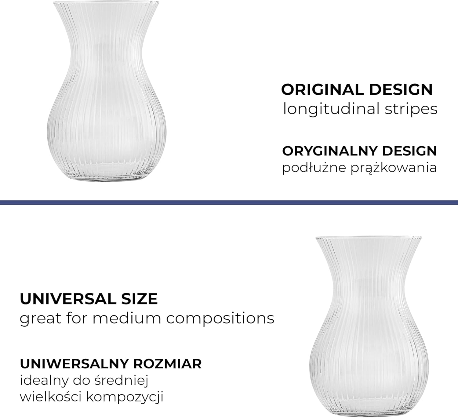 TREND FOR HOME Vaso Fiori 18 cm Vaso a Tulipano Vaso per Fiori Vaso da Interno Vaso Trasparente Striature Longitudinali Vaso Vetro Vasi Moderni da Interno | ⌀ 11 cm | 1229 ml | Lyra Luminous