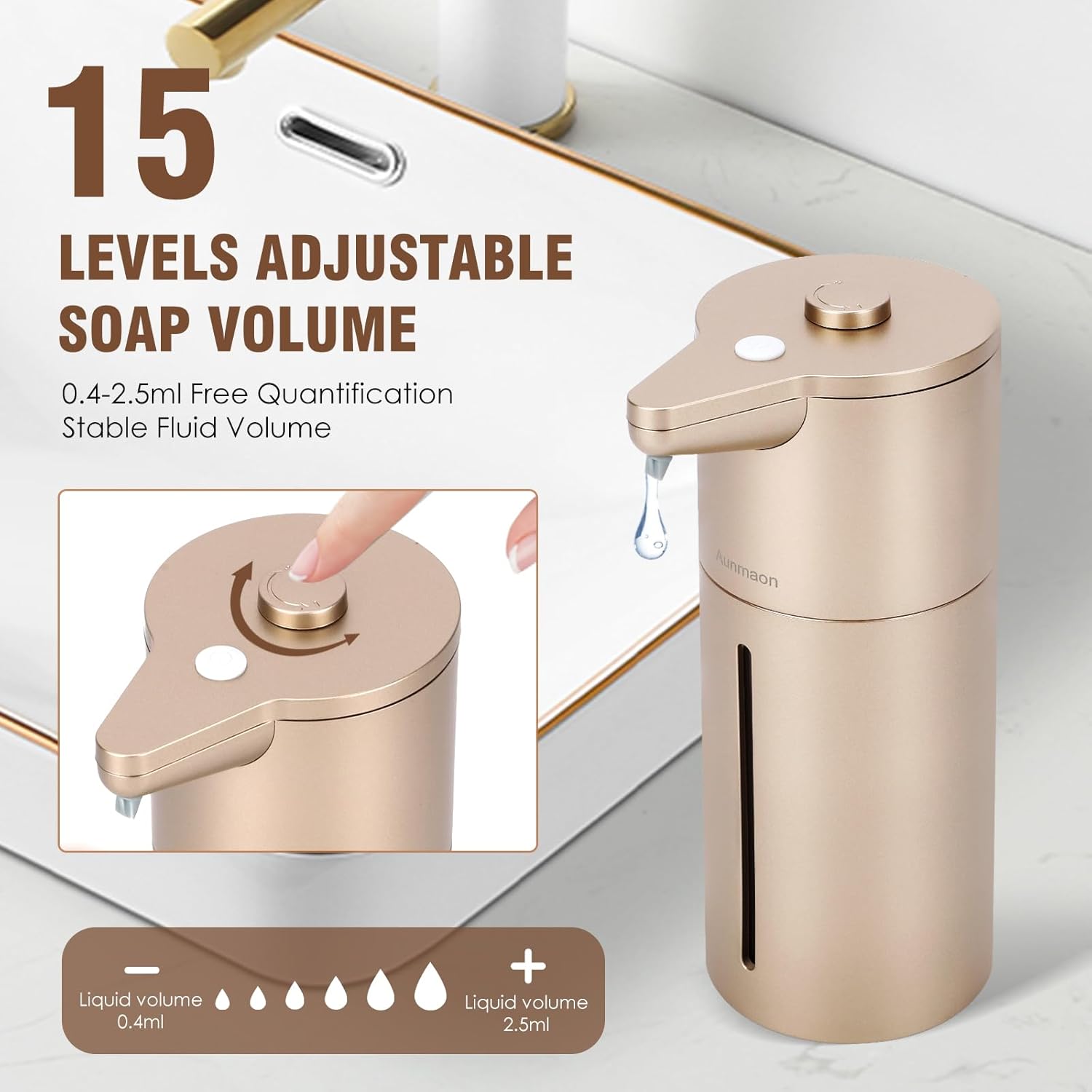Dispenser automatico di sapone, Simplicity 15, 354,4 g, per cucina e bagno, senza contatto, mani libere, oro