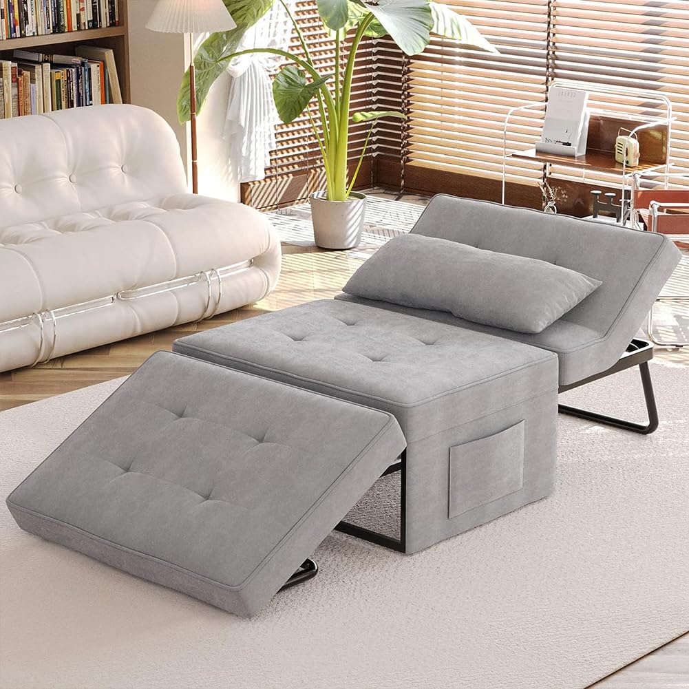 Divano Letto 4 in 1 con Tasca Portaoggetti Laterale, Divanetto Seduta Morbida e Imbottita ad Alta Densità Trasformabile Chaise Longue, Ottomana, Poggiapiedi, Letto (Beige)