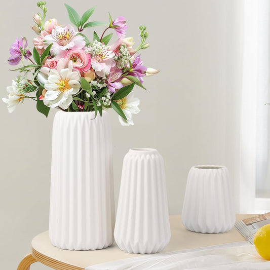 Vaso in Ceramica Bianca da 3 Pezzi, Blumacht Fiori Secchi Pampas Erba Vasi per Centrotavola Bouquet, Moderno Ingresso Tavolo Mensola Camera da Letto Soggiorno Arredamento