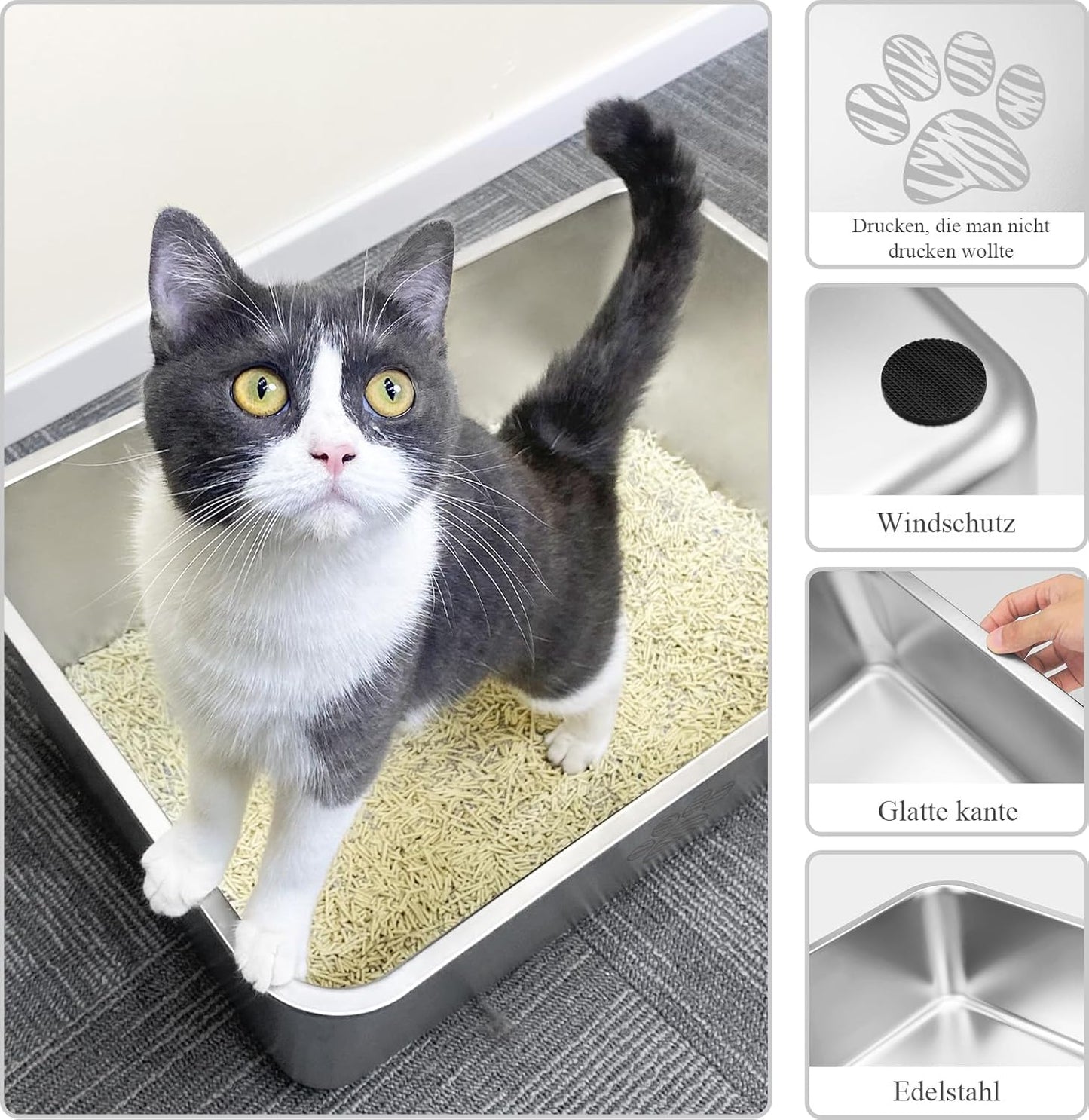 PTLOM Lettiera per gatti in acciaio inossidabile, grande lettiera per gatti in metallo, antispruzzo, inodore e antiaderente, adatta per gatti grandi e piccoli, conigli, zampa di Tabby, 60x40x15cm