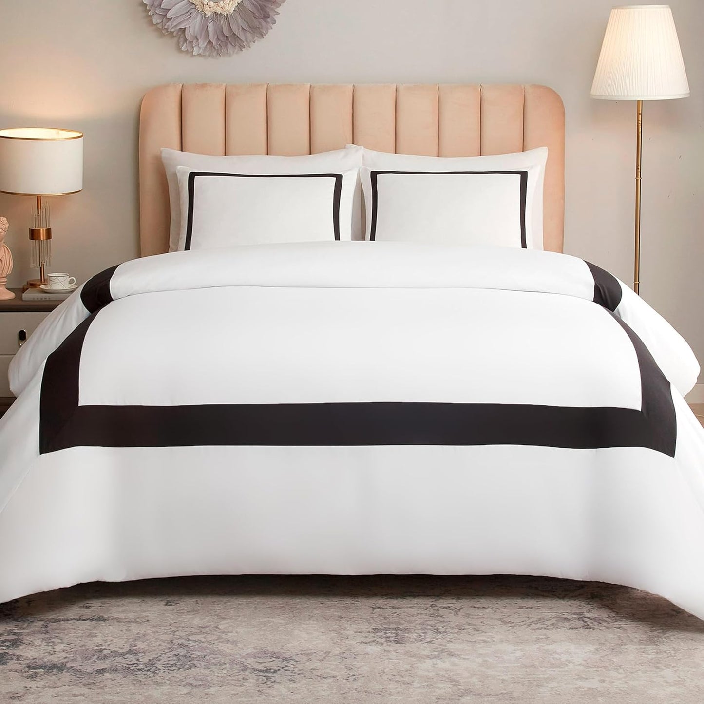 OSVINO Copripiumino Matrimoniale 240x220 cm e 2 Federe 50x75 Biancheria da Letto Bianco e Nero Microfibra Set Copripiumino Hotel Stripe Morbida Confortevole