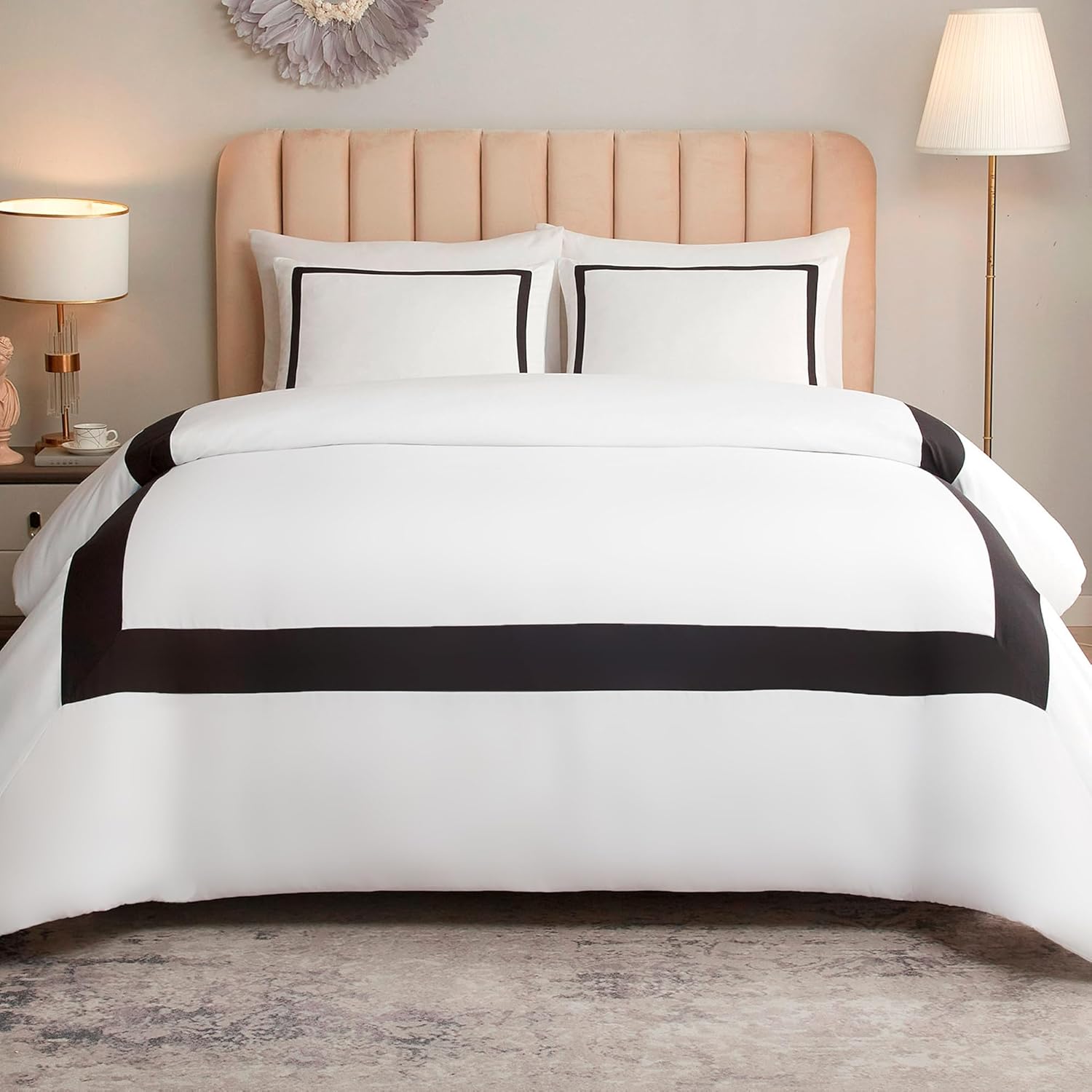 OSVINO Copripiumino Matrimoniale 240x220 cm e 2 Federe 50x75 Biancheria da Letto Bianco e Nero Microfibra Set Copripiumino Hotel Stripe Morbida Confortevole