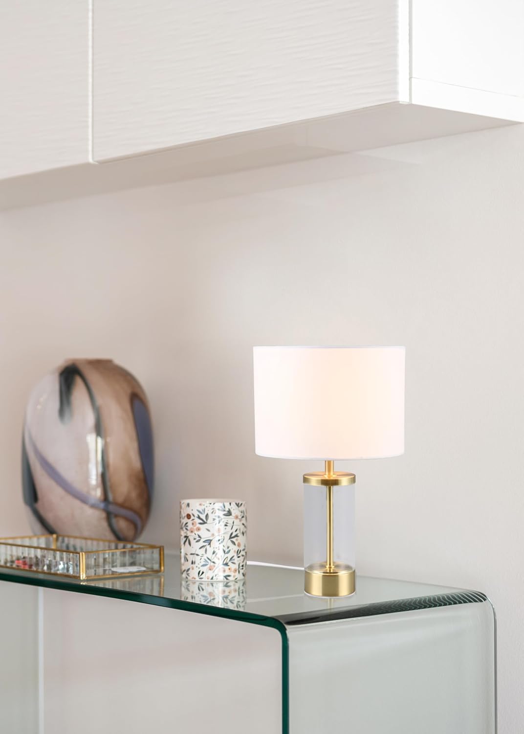 Reality Leuchten Lampada da tavolo GRAZIA R51711008, ottone opaco metallo, vetro trasparente, paralume in tessuto bianco, escl. 1x E14