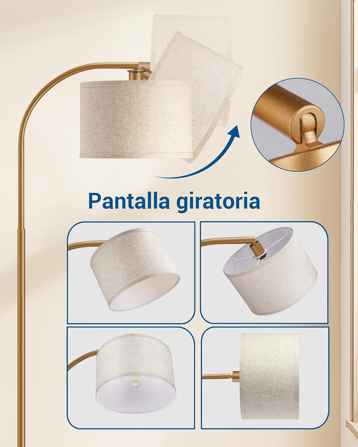 EDISHINE Lampada da terra per soggiorno, lampada ad arco con paralume in lino beige, lampada da terra dorata da 161 cm con paralume regolabile, attacco E27 (Lampadina fornita)
