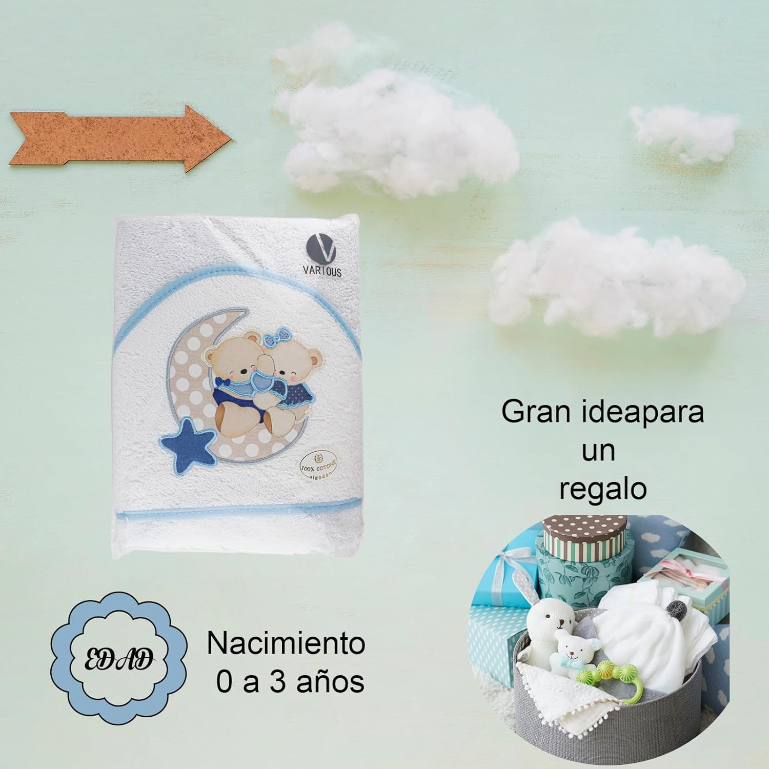 Mantello da bagno con cappuccio in spugna 100% cotone, misura 100 cm x 100 cm, asciugamano per bambino con cappuccio per bambini piccoli, morbido e assorbente con un design amorevole, colore:
