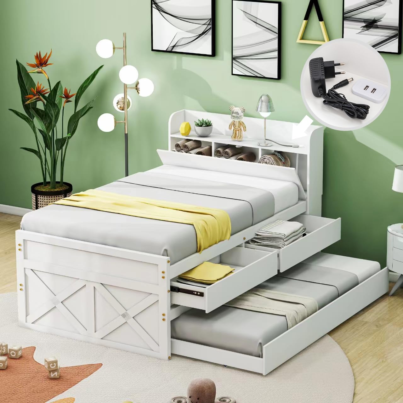 Letto singolo 90 x 190 cm, in legno di pino massiccio, multifunzione, con cassetto estraibile, rete a doghe, comodino con ripiani con presa USB, letto per ragazzi (grigio)