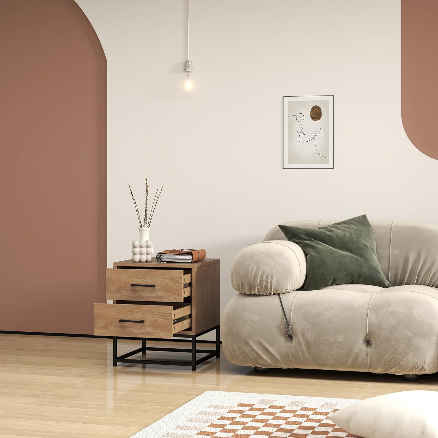 HOMCOM Set di 2 Comodini Camera da Letto con 2 Cassetti, Coppia di Comodini Stile Industriale in Legno e Acciaio, Tavolini per Divano, Soggiorno, Salotto e Camera, 40x39.5x48 cm, Colore Legno