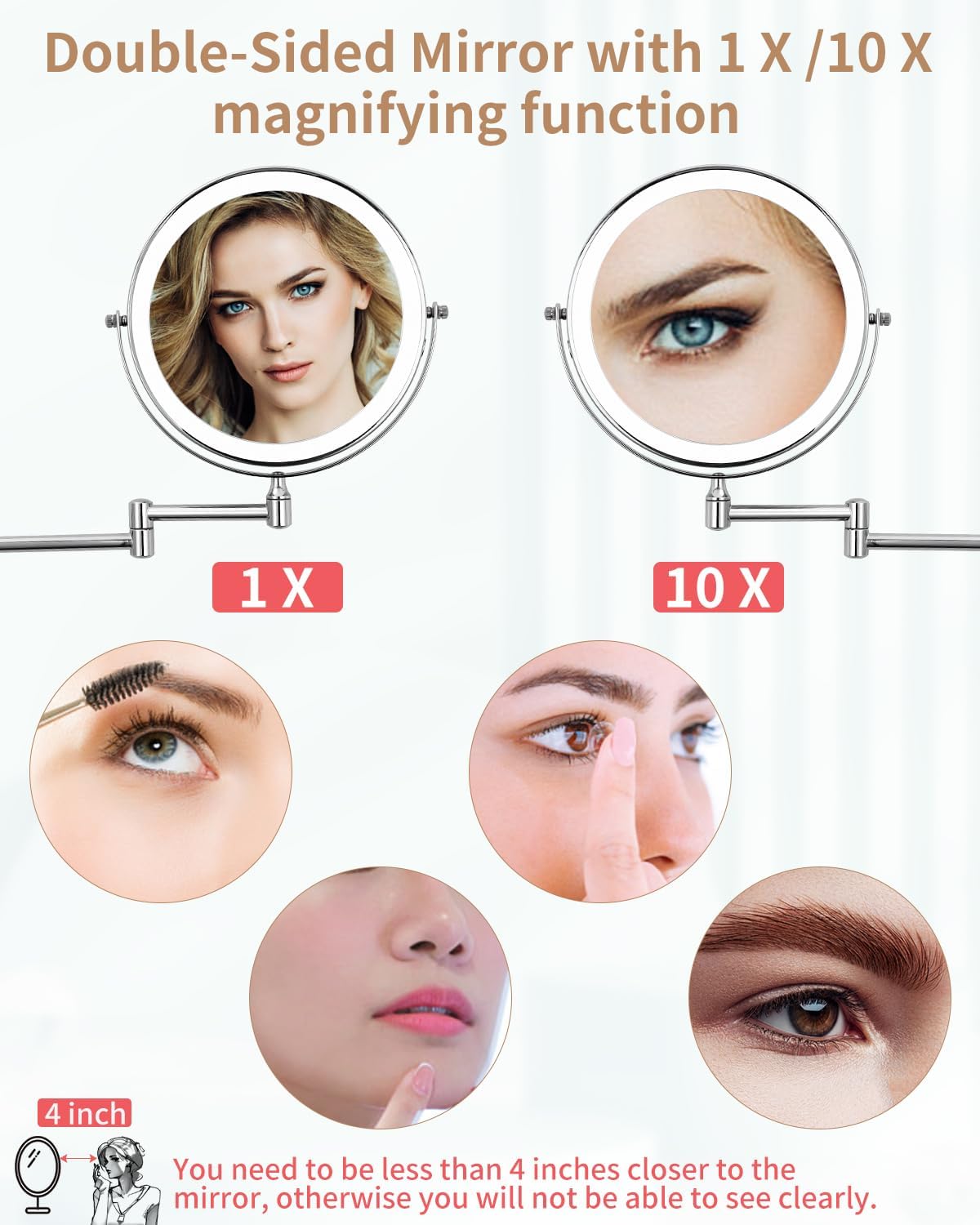 Specchio cosmetico con Ingrandimento, a LED da barba da parete girevole a 360° per bagno con illuminazione 1X / 10X
