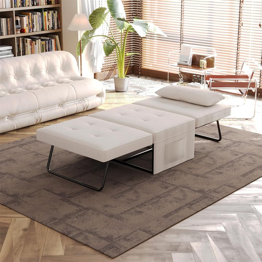 Divano Letto 4 in 1 con Tasca Portaoggetti Laterale, Divanetto Seduta Morbida e Imbottita ad Alta Densità Trasformabile Chaise Longue, Ottomana, Poggiapiedi, Letto (Beige)