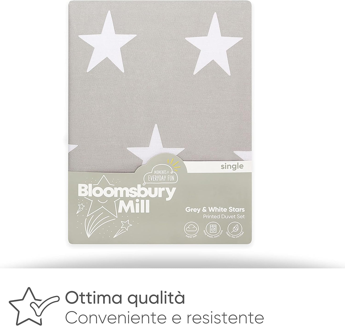 Bloomsbury Mill - Set Copripiumino Singolo Bambino e Bambina - Grigio & Bianco Stelle - Lenzuola Letto Singolo Reversibile - Set di Biancheria da Letto per Bambini - 135x200cm e Federe