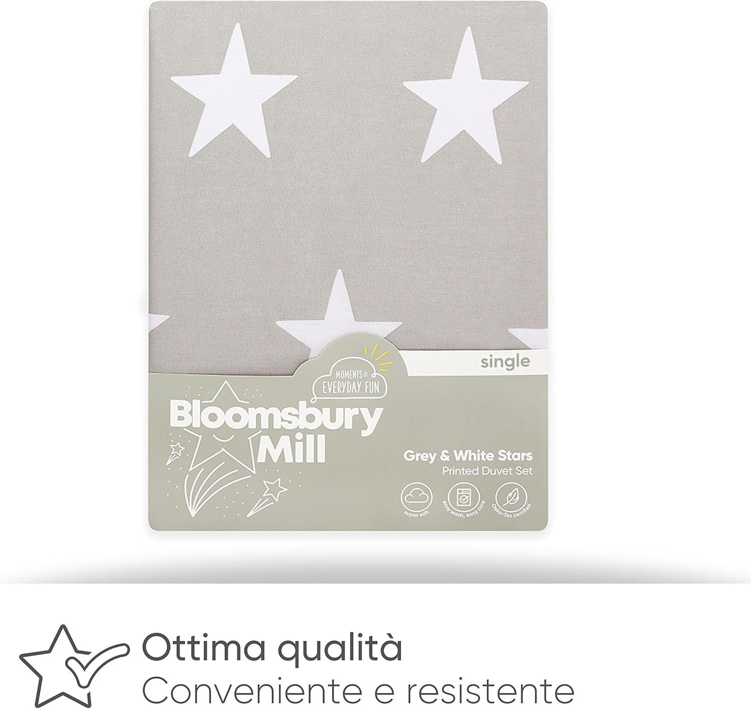 Bloomsbury Mill - Set Copripiumino Singolo Bambino e Bambina - Grigio & Bianco Stelle - Lenzuola Letto Singolo Reversibile - Set di Biancheria da Letto per Bambini - 135x200cm e Federe