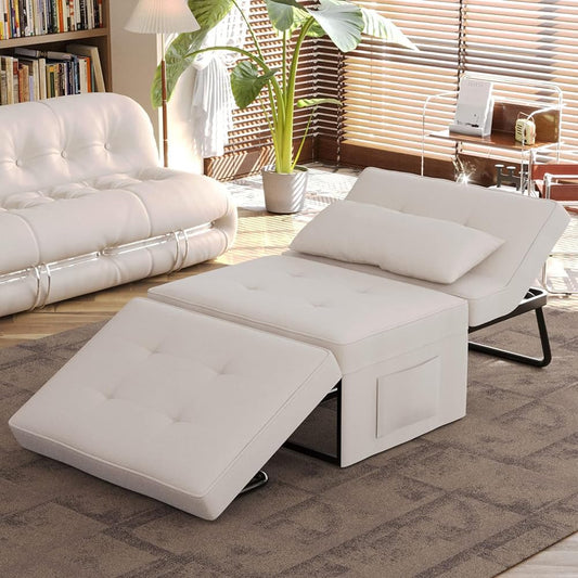 Divano Letto 4 in 1 con Tasca Portaoggetti Laterale, Divanetto Seduta Morbida e Imbottita ad Alta Densità Trasformabile Chaise Longue, Ottomana, Poggiapiedi, Letto (Beige)