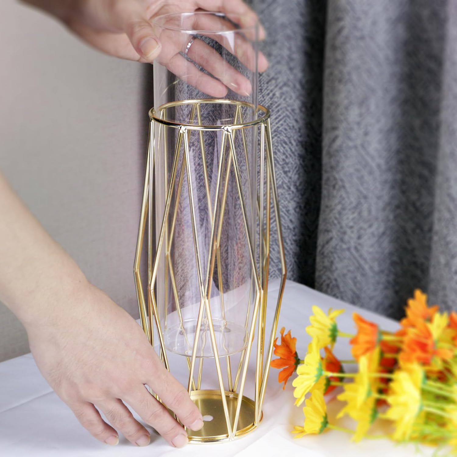 vaso decorativo da interno con Supporto Metallico Geometrico,Vaso di Fiori in Vetro,Vaso Geometrica,Vaso in Metallo Geometrico,Vaso Trasparente da 27 cm per Tavolo Casa Bagno Soggiorno Ufficio