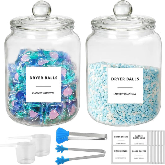 YlYADl Barattoli di Vetro con Coperchio,2L Contenitore Detersivo Polvere con Etichette,2 Grandi Barattoli in Vetro,2 Misurini,2 Clip,Barattoli di vetro per detersivo Barattoli per Caramelle
