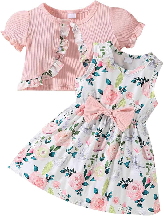 puseky Vestito e cardigan per Bambine Vestito senza maniche con stampa floreale e cappotto 2 pezzi Abitini per bambina