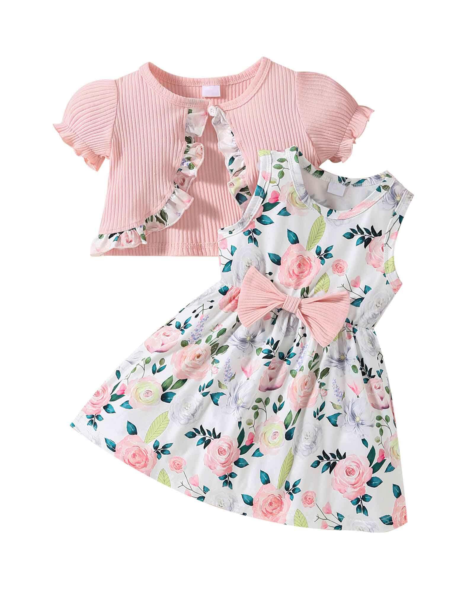 puseky Vestito e cardigan per Bambine Vestito senza maniche con stampa floreale e cappotto 2 pezzi Abitini per bambina
