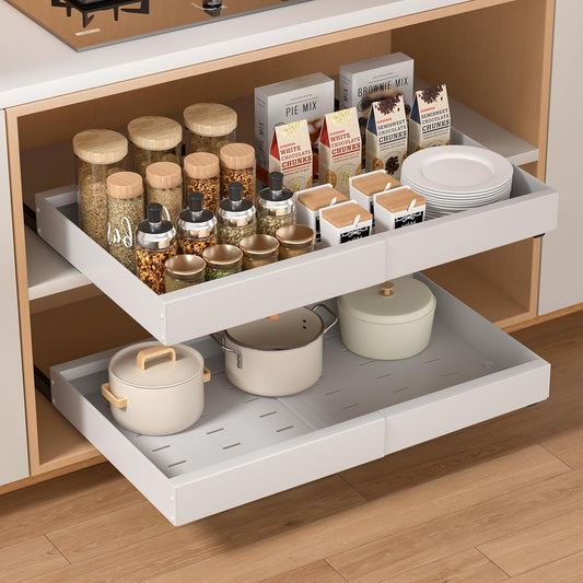 PNNP Cassetto Estraibile Cucina: Cassetti Telescopico Armadio - Cestelli Estraibili per Cucina a Larghezza Regolabile (32-53 cm L x 43 cm P x 7 cm A) - Nessuna Foratura | Bianco