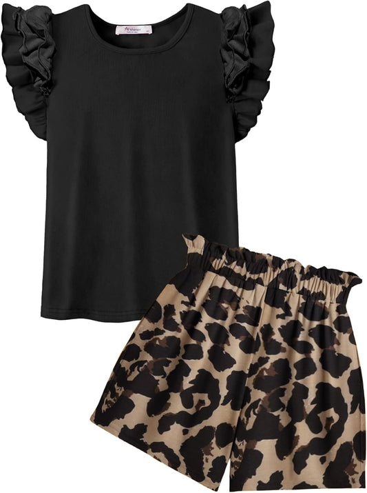 Arshiner Set di Abbigliamento per Ragazze T-shirt Estiva Pantaloncini Completo Bambini Cotone Maniche Volant Set di Abbigliamento per il Tempo Libero Moda Due Pezzi Ragazze con Tasca 6-14 Anni