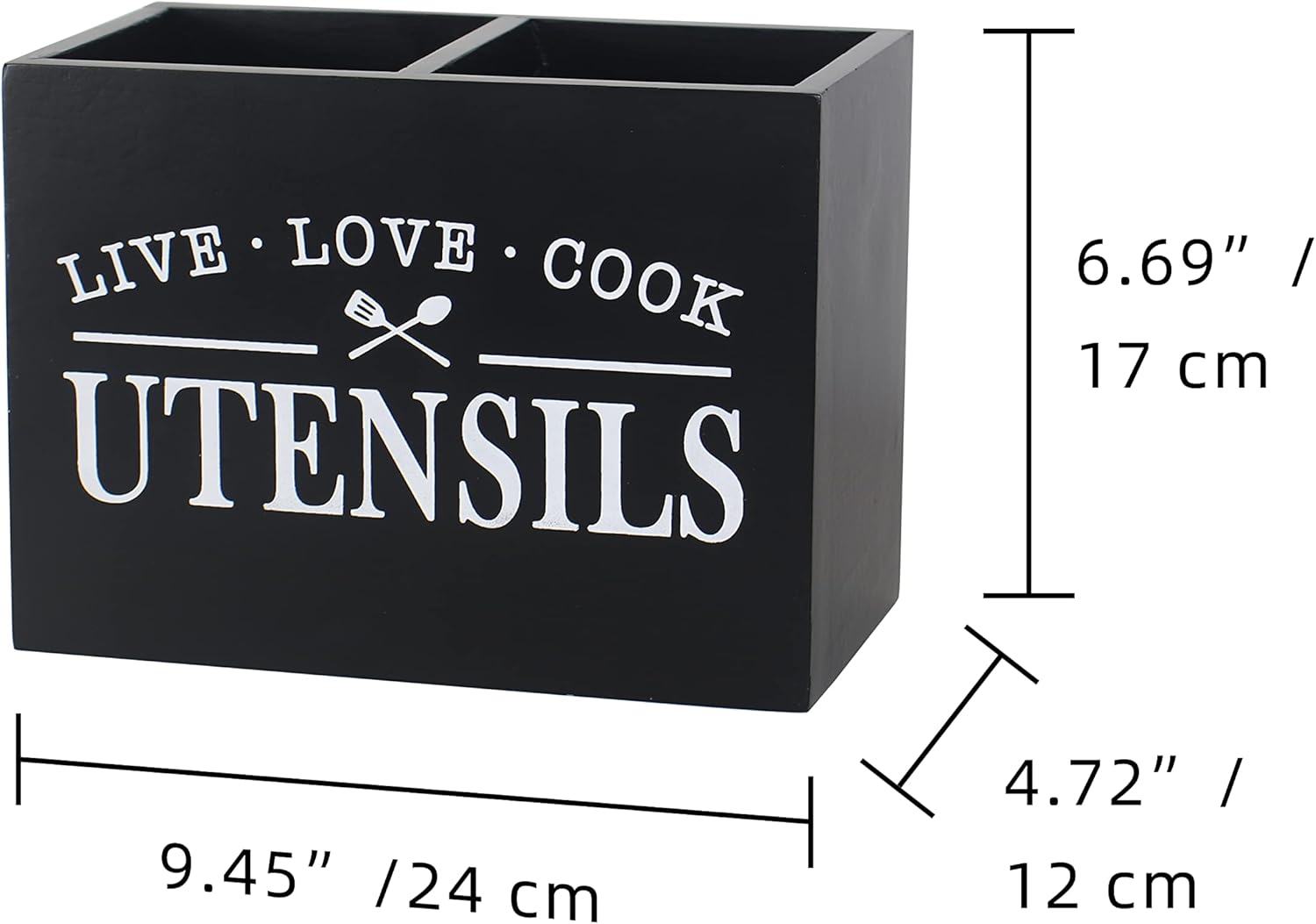 Karisky Portautensili da cucina con fondo rimovibile, grande 2 scomparti, organizer per utensili da fattoria, per decorazione da piano di lavoro, 22,9 x 17,8 x 12,7 cm, nero