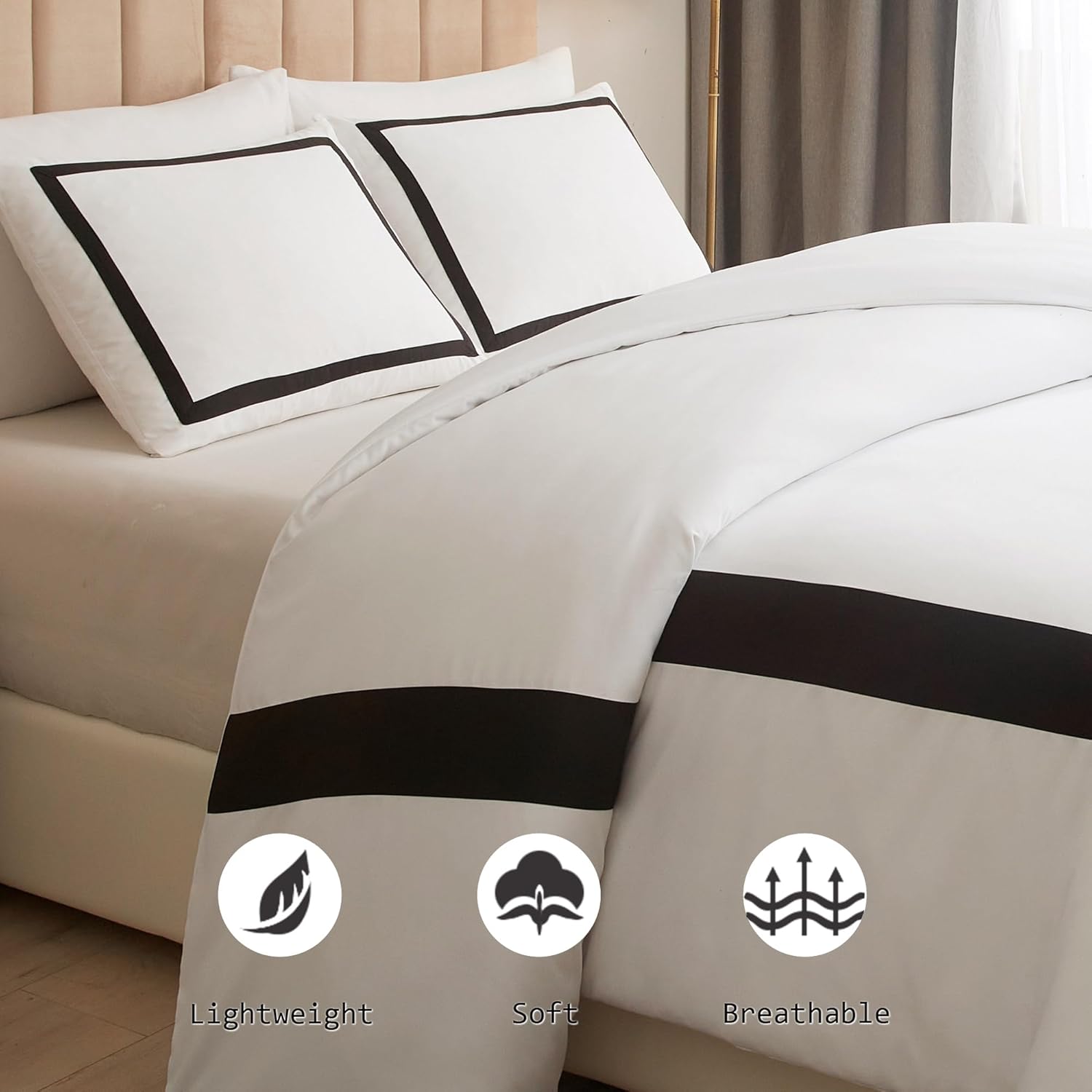 OSVINO Copripiumino Matrimoniale 240x220 cm e 2 Federe 50x75 Biancheria da Letto Bianco e Nero Microfibra Set Copripiumino Hotel Stripe Morbida Confortevole