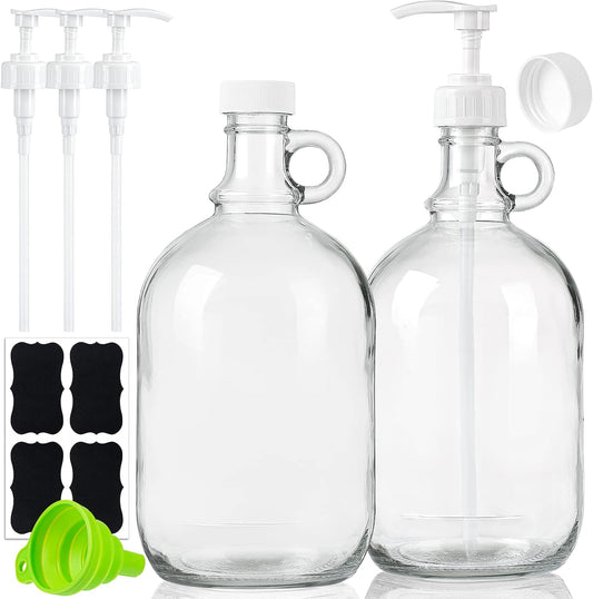 Confezione da 2 dispenser per detersivo per bucato con pompa e coperchio, bottiglia in vetro da mezzo gallone per dispenser di sapone per bucato, detersivo liquido, dispenser ammorbidente
