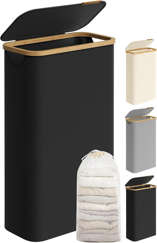 SONGMICS Cesto Portabiancheria con Coperchio, Cesta per Bucato, 65L, Salvaspazio, Sacco Rimovibile, Tessuto Oxford, Manici di Bambù, Pieghevole, 42 x 22,5 x 70,5 cm, Nero Inchiostro LCB506B01