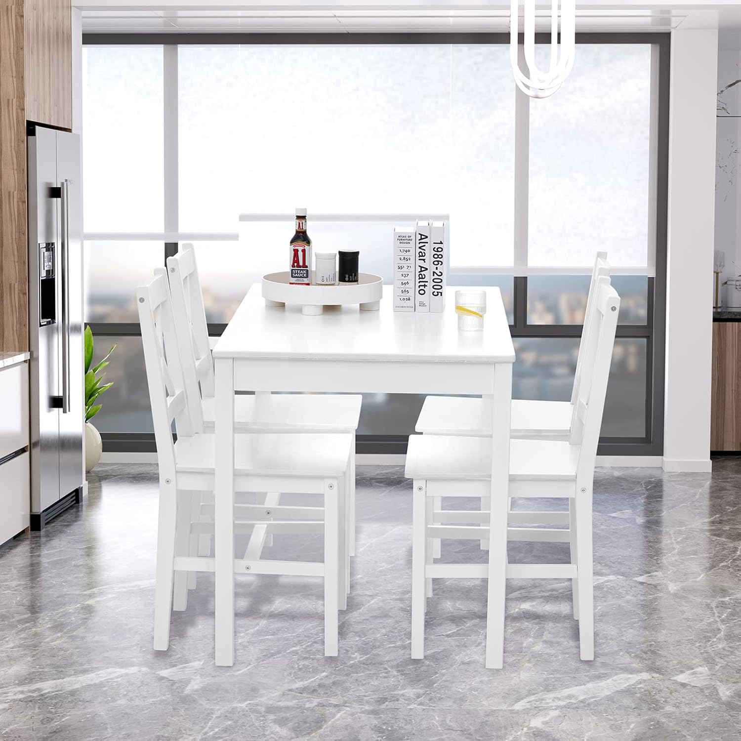 Tavolo Cucina con 4 Sedie Set da Pranzo Legno di Pino Modern Tavolo da Pranzo con 4 Sedie Tavolo e Sedie Cucina Salvaspazio (Bianco)