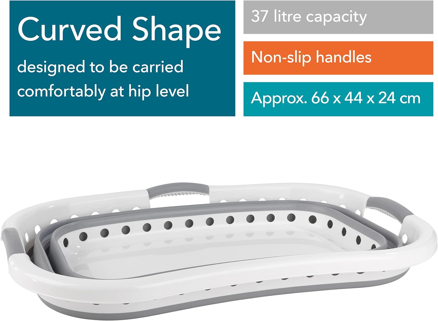 Beldray LA072979GRYEU Cestello per lavanderia, Collapsible Hip Hugger, curvo e sagomato per adattarsi al corpo, cestello facile da piegare, Manici ergonomici a 2 vie antiscivolo, 37 litri, grigi