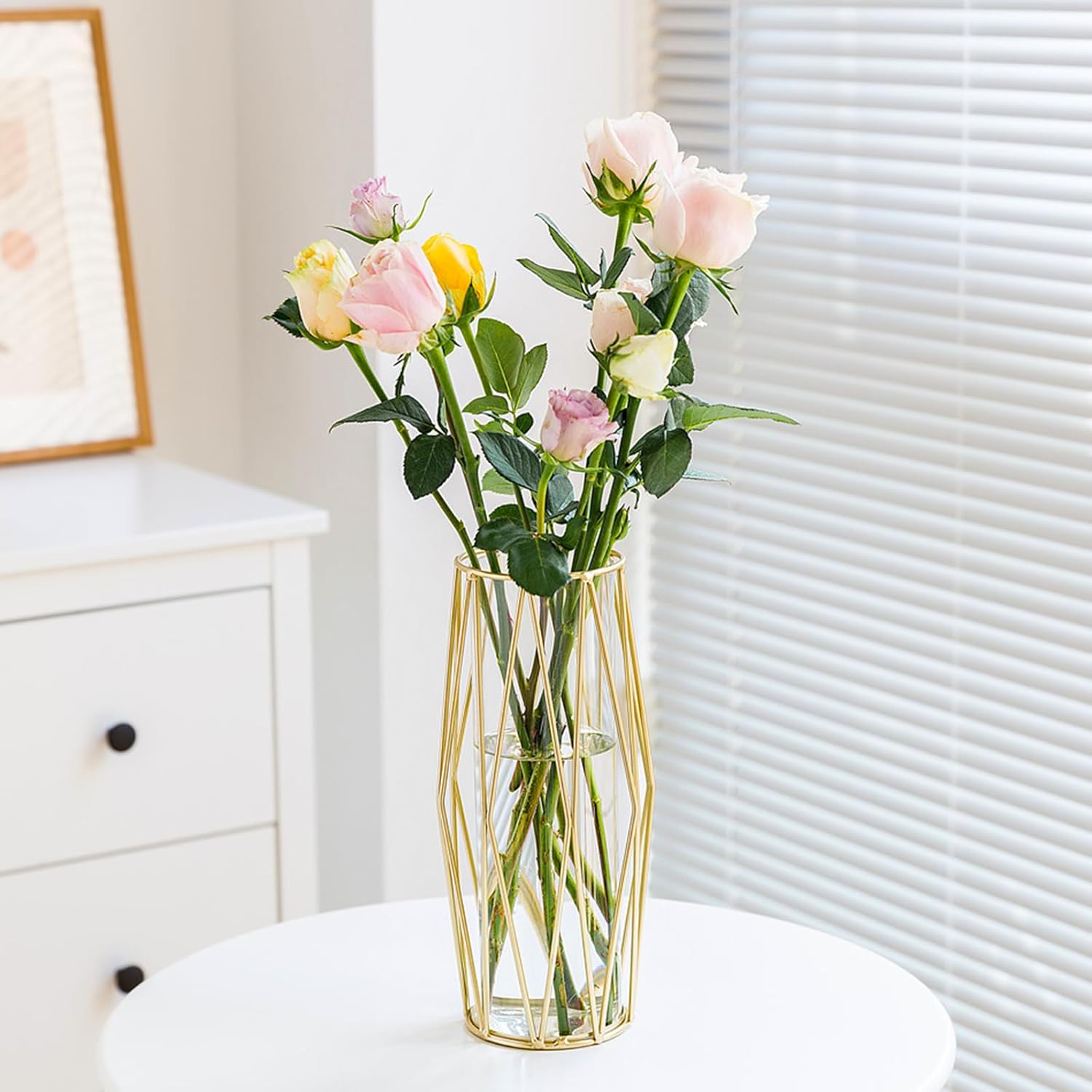 vaso decorativo da interno con Supporto Metallico Geometrico,Vaso di Fiori in Vetro,Vaso Geometrica,Vaso in Metallo Geometrico,Vaso Trasparente da 27 cm per Tavolo Casa Bagno Soggiorno Ufficio
