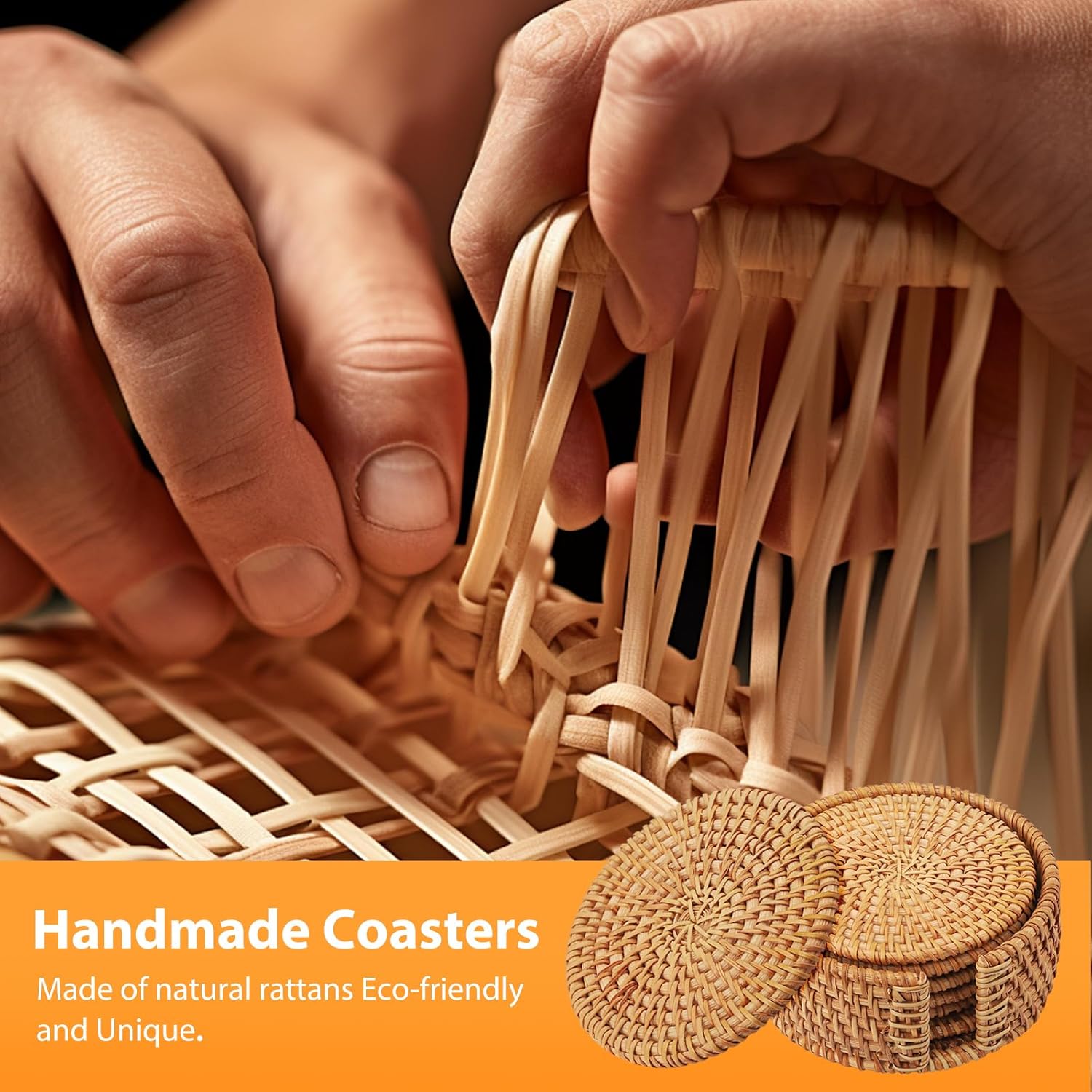 Set di sottobicchieri in rattan con supporto - Set da 6 sottobicchieri per bicchieri, tazze, bar - Sottobicchieri rotondi in sughero per bevande - Decorativi - Set di sottobicchieri in vetro