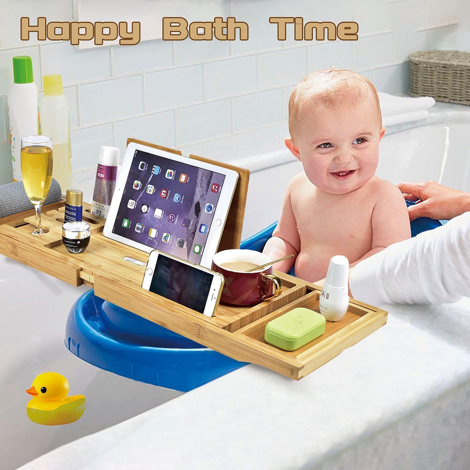 Vassoio di Bambù Retrattile Vasca da Bagno,Vassoio espandibile Pieghevole in Bambù con Supporto per Bicchiere di Vino,Supporto per iPad e Portasapone per la Casa,la Spa e il Vassoio