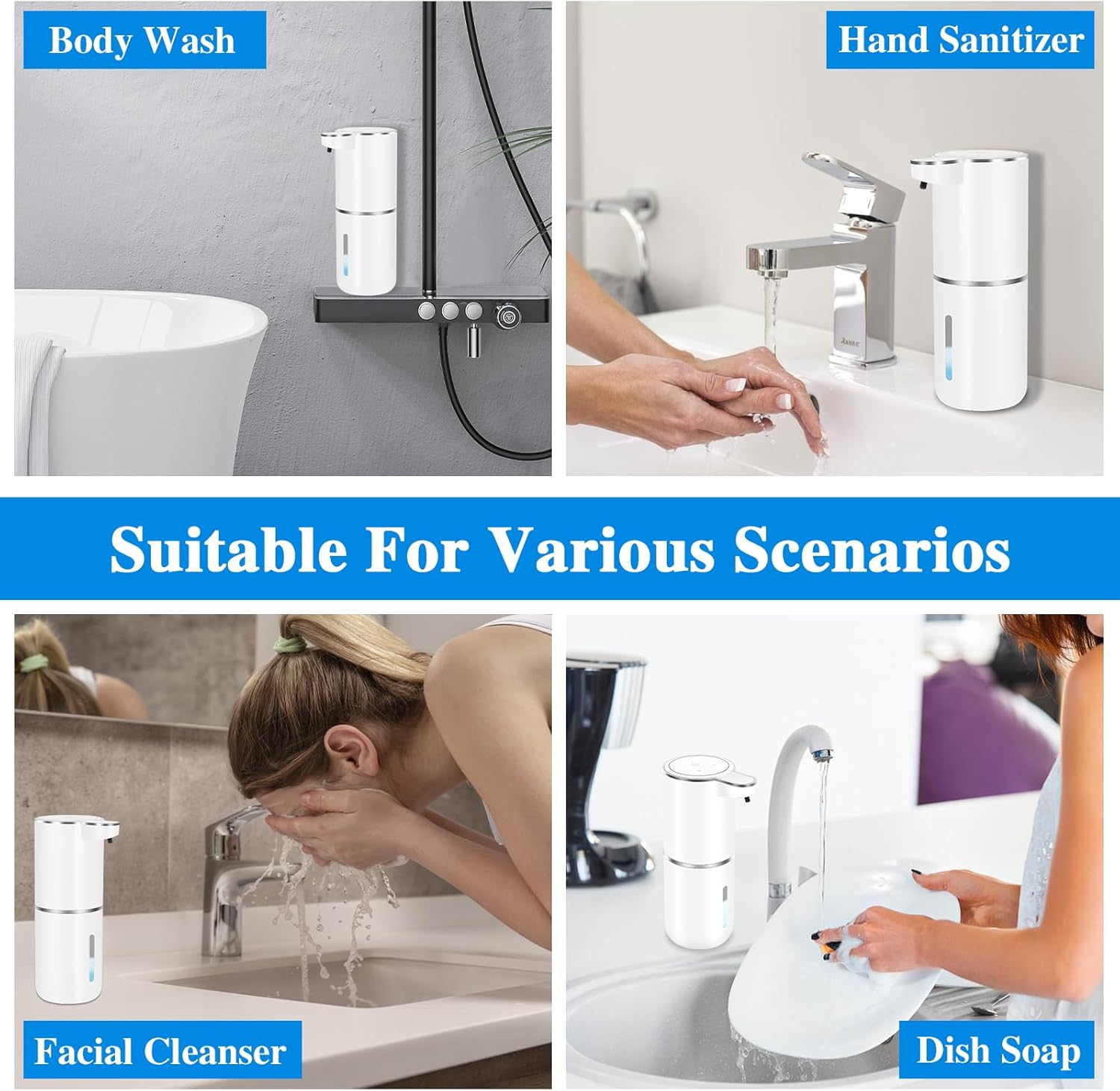Dispenser Sapone Automatico Montaggio a Parete, USB Ricaricabile Dispenser Sapone Automatico, 380 ml Dispenser Sapone Bagno con Sensore di Movimento Infrarossi