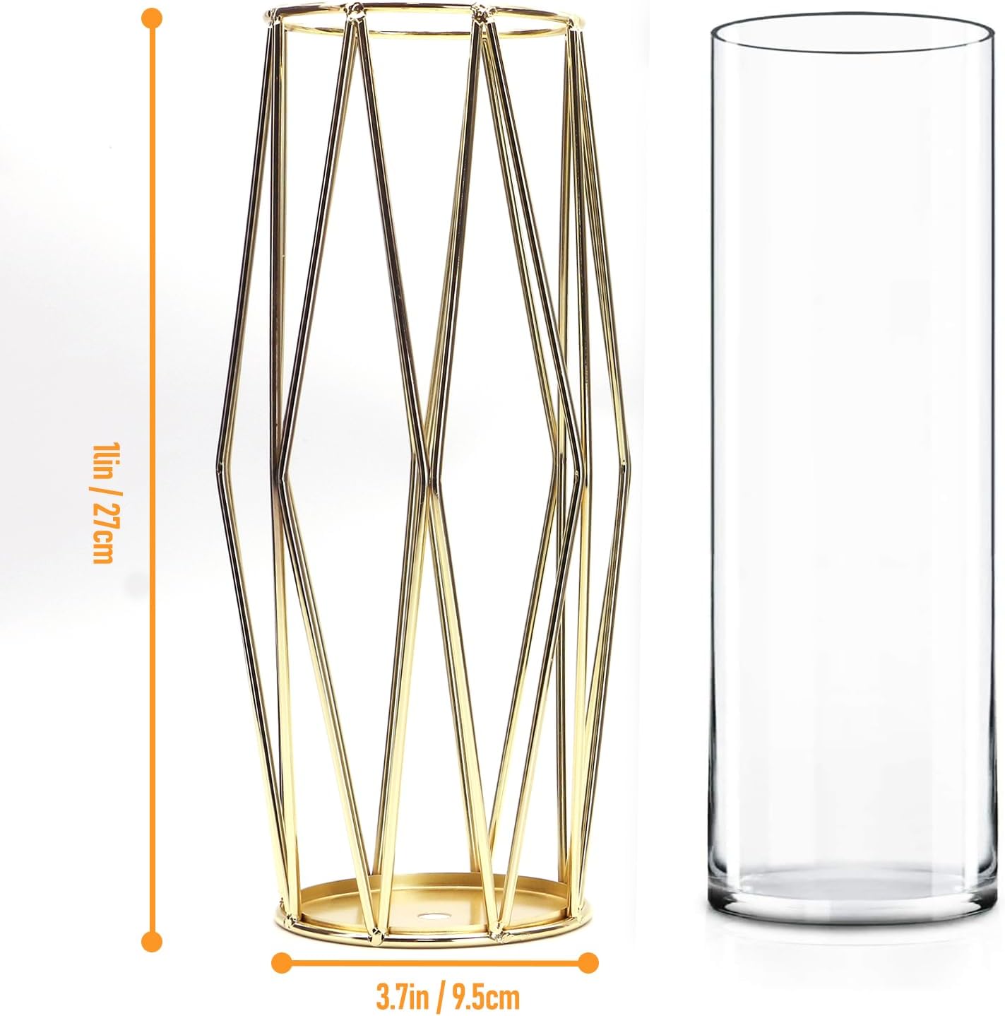 vaso decorativo da interno con Supporto Metallico Geometrico,Vaso di Fiori in Vetro,Vaso Geometrica,Vaso in Metallo Geometrico,Vaso Trasparente da 27 cm per Tavolo Casa Bagno Soggiorno Ufficio