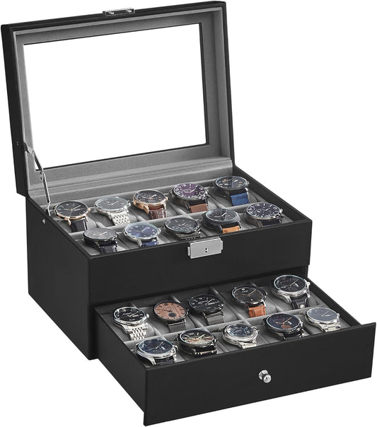 SONGMICS Porta Orologi, Scatola Portaorologi a 2 Livelli, Coperchio in Vetro, con Cuscinetti Rimovibili, Idea Regalo, Superficie in PU Nera, Interno Grigio JWB020