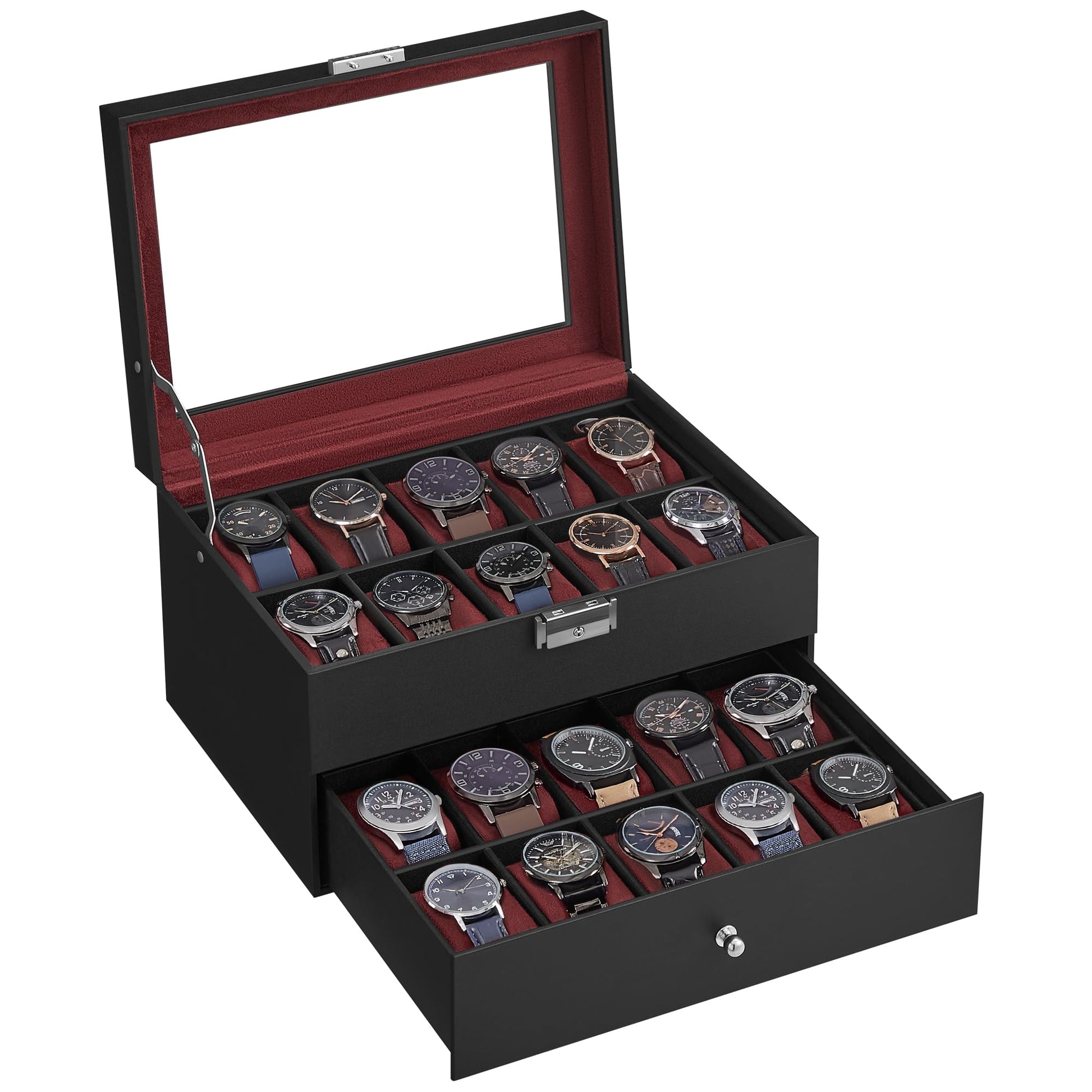 SONGMICS Porta Orologi, Scatola Portaorologi a 2 Livelli, Coperchio in Vetro, con Cuscinetti Rimovibili, Idea Regalo, Superficie in PU Nera, Interno Grigio JWB020