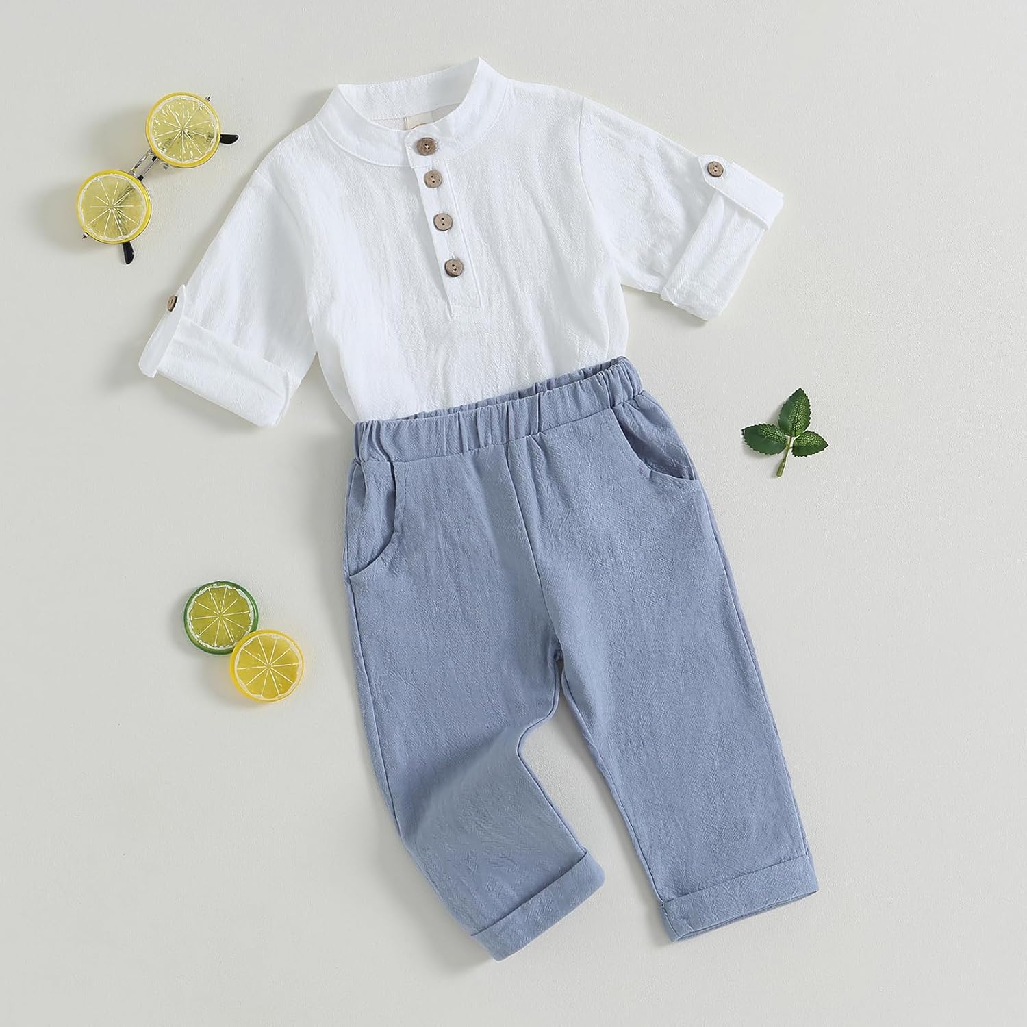 Geagodelia Completo Bambino Casual 2 Pezzi Tuta Neonato Estate Camicia Manica Corta con Bottoni +Pantaloni Lungi Vestiti Bambini Lino di Cotone
