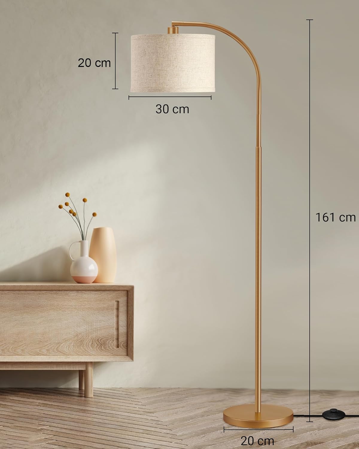 EDISHINE Lampada da terra per soggiorno, lampada ad arco con paralume in lino beige, lampada da terra dorata da 161 cm con paralume regolabile, attacco E27 (Lampadina fornita)