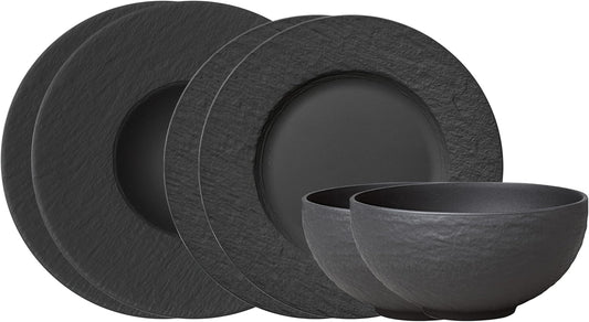 Villeroy & Boch - Manufacture Starter Set 6 Pezzi Nero, Lavabile in Lavastoviglie, Adatto per Microonde, Piatti Ardesia, Scodella, Servizio, Set di Stoviglie, Porcellana Premium