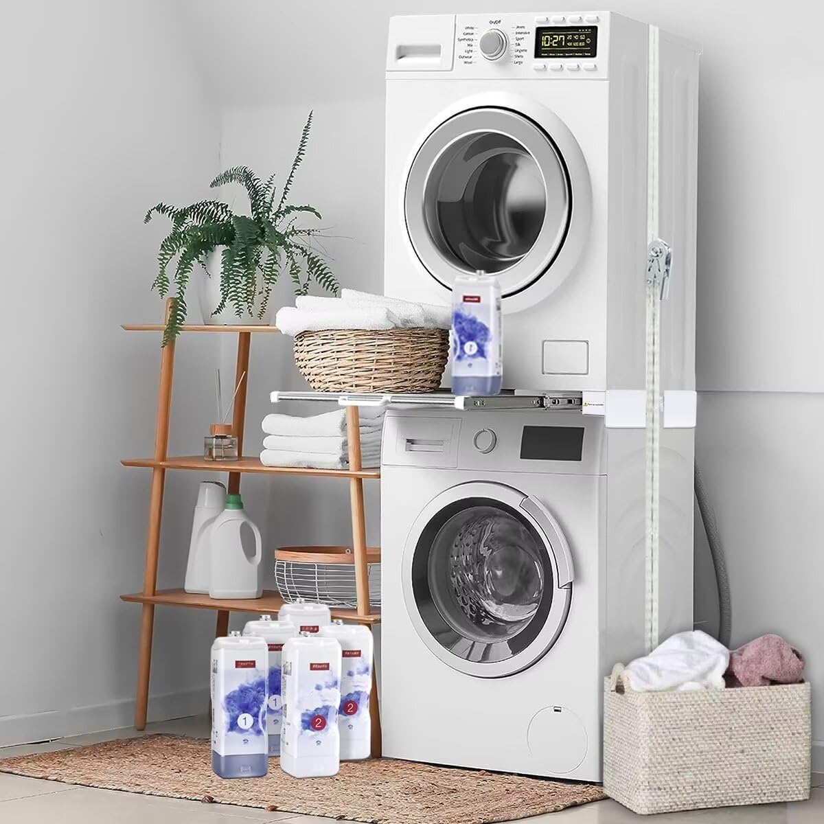 NIUXX Telaio intermedio con stendibiancheria, telaio di collegamento lavatrice asciugatrice universale, kit telaio intermedio con portasciugamani estensibile, misura regolabile (53-68 cm)