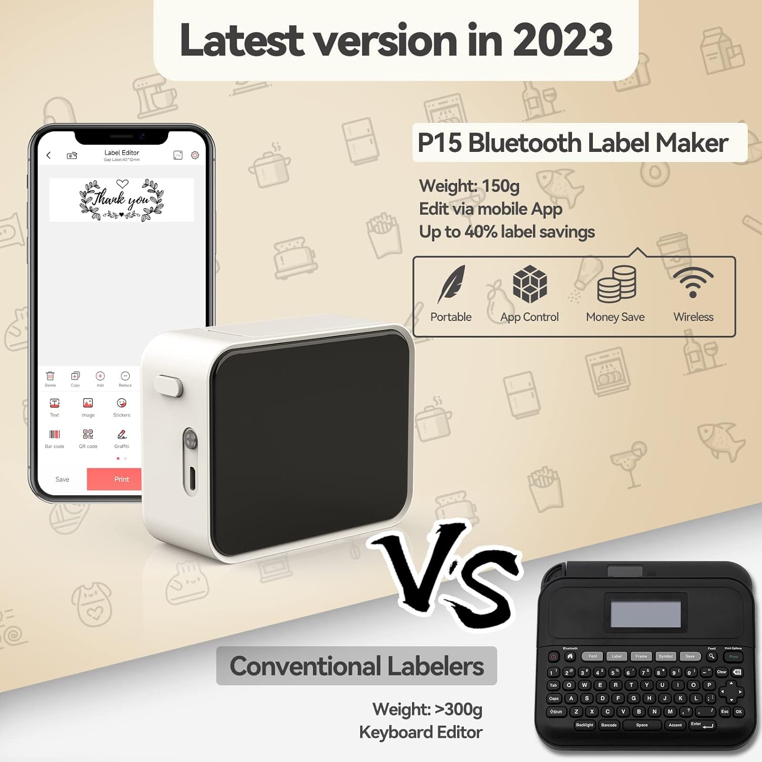 Pristar P15 Mini Etichettatrice Bluetooth - Portatile Stampante per etichette termica, Etichettatrice Etichette Adesive, Ricarica USB, Compatibile con i sistemi Android e iOS - Bianca