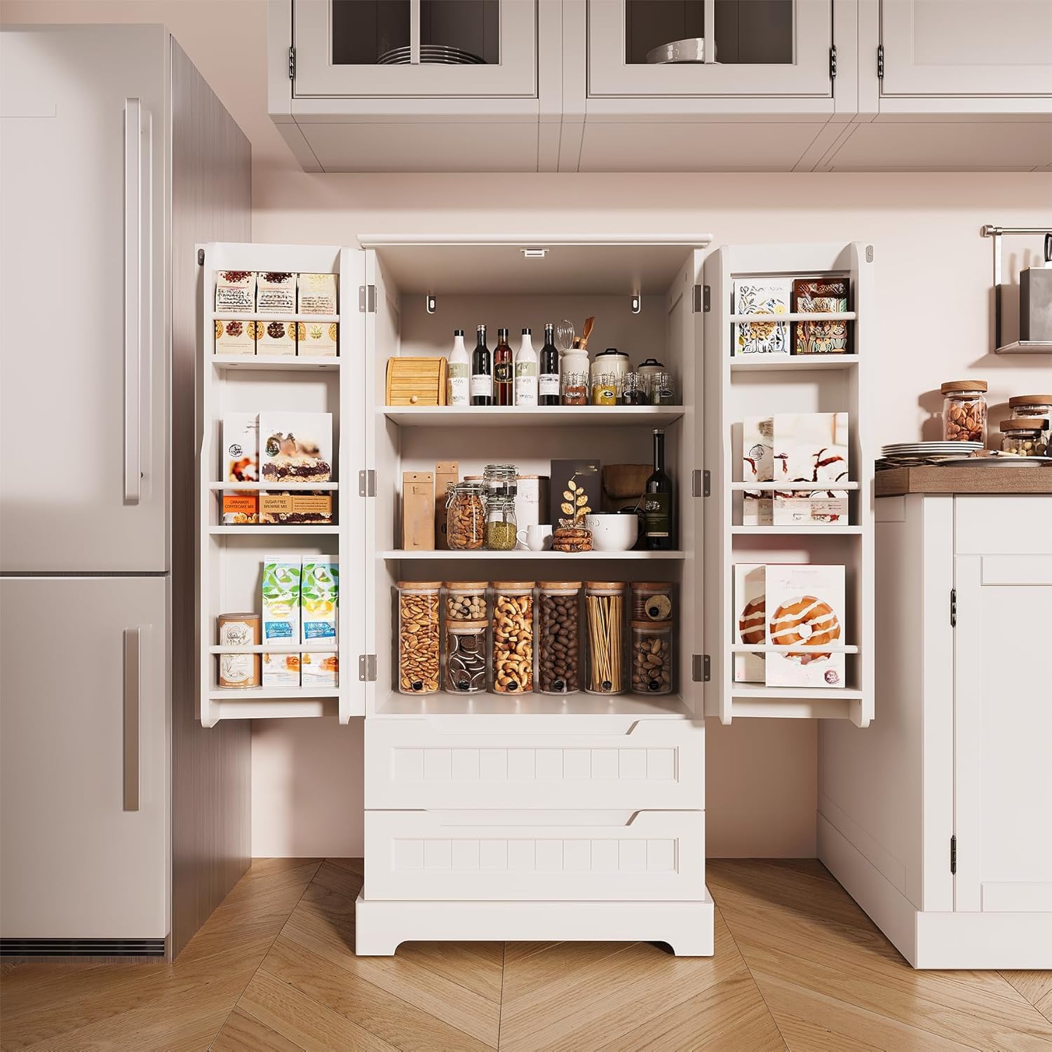 Bealife Credenza Armadio da Cucina, Armadio da Cucina con 2 Cassetti e 2 Ante, Mobile da Cucina Indipendente per la Cucina Bianco
