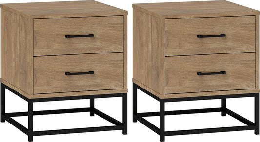 HOMCOM Set di 2 Comodini Camera da Letto con 2 Cassetti, Coppia di Comodini Stile Industriale in Legno e Acciaio, Tavolini per Divano, Soggiorno, Salotto e Camera, 40x39.5x48 cm, Colore Legno