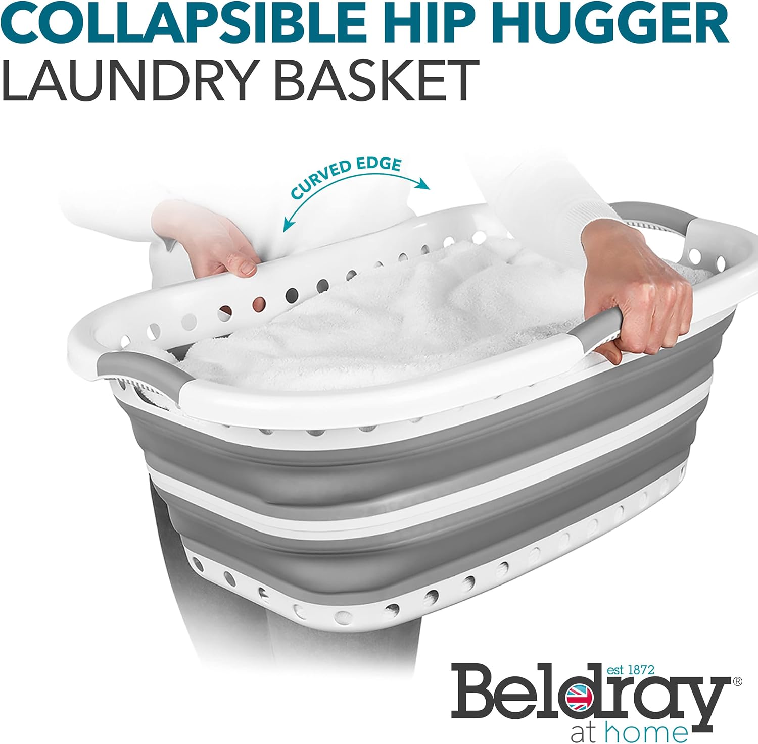 Beldray LA072979GRYEU Cestello per lavanderia, Collapsible Hip Hugger, curvo e sagomato per adattarsi al corpo, cestello facile da piegare, Manici ergonomici a 2 vie antiscivolo, 37 litri, grigi