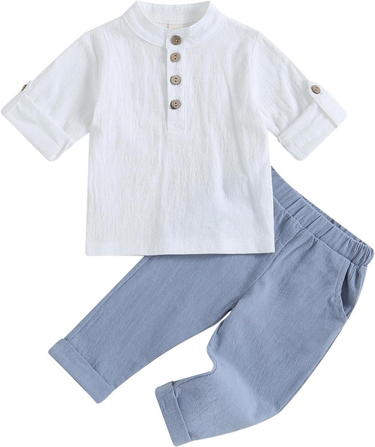 Geagodelia Completo Bambino Casual 2 Pezzi Tuta Neonato Estate Camicia Manica Corta con Bottoni +Pantaloni Lungi Vestiti Bambini Lino di Cotone