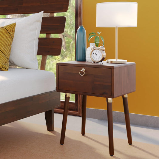 Bme Caden - Comodino in legno massello, completamente assemblato, con 1 cassetto, per camera da letto e soggiorno di metà secolo, colore: noce