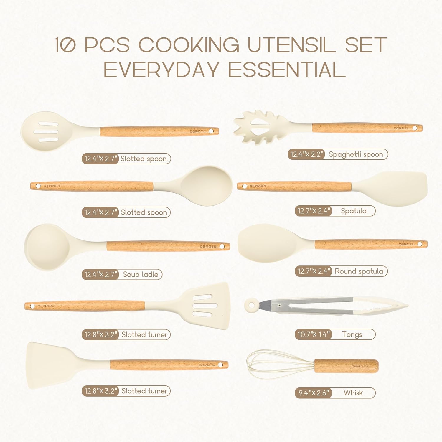 CAROTE Utensili Cucina Silicone 10 pezzi, Utensili da cucina antiaderenti resistenti al calore con manico,Cucchiai, palette e spatole in legno per cucinare,cuocere al forno, senza BPA, Lavastoviglie